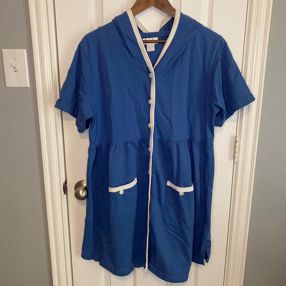 Anne Lewin Dress Women's Large Blue VTG Cotton Hooded Button‎ Front Cover Up